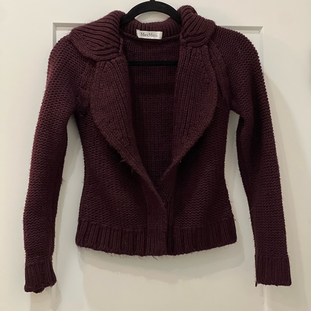 MaxMara Purple Knit Cardigan (missing button, size/care tag, pull & piling)